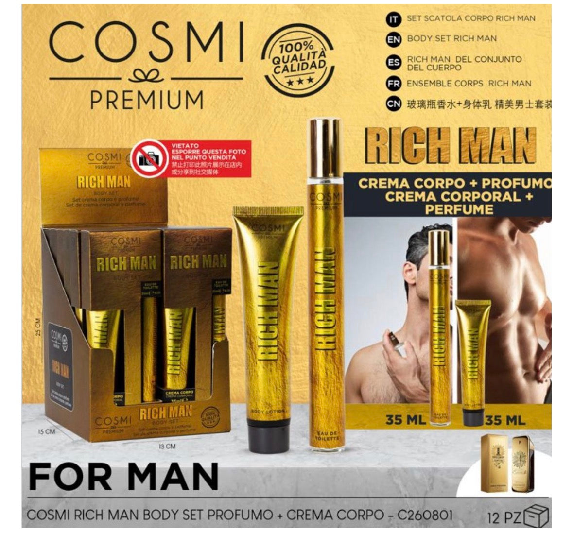 COSMI SET CREMA CORPO + PROFUMO RICH MAN 35ML+35ML ( DUPE ONE MILION UOMO)